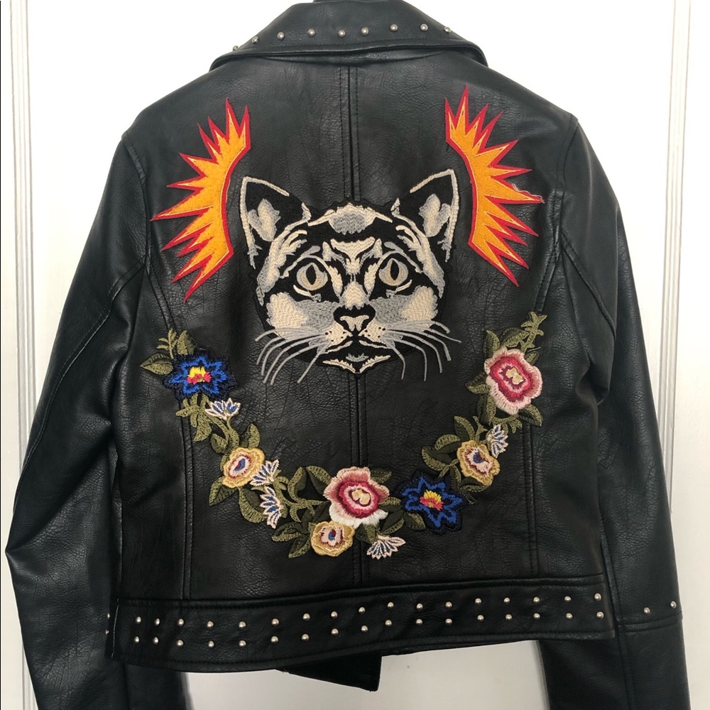 MissGuided Kitty Motto Leather Jacket - Size 6 - Picture 2 of 6